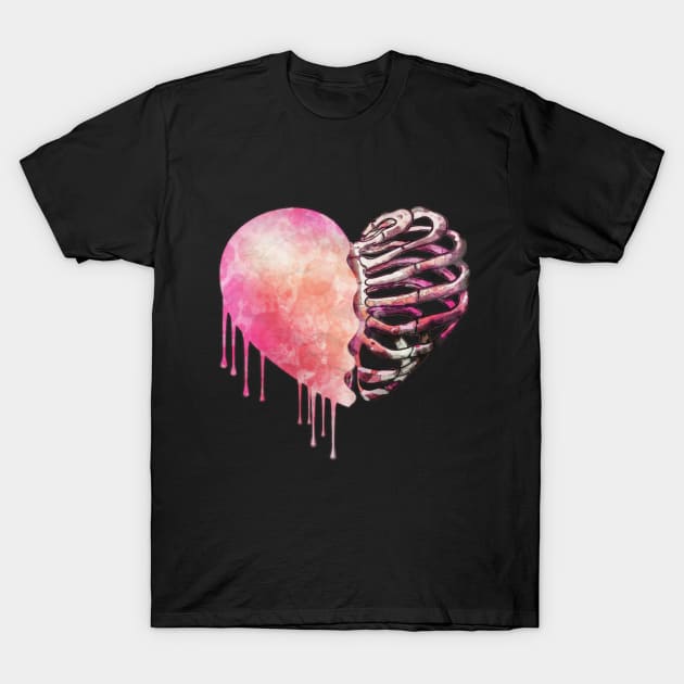 Skeleton rib heart, Broken, heart, watercolor design pink rib heart T-Shirt by Collagedream